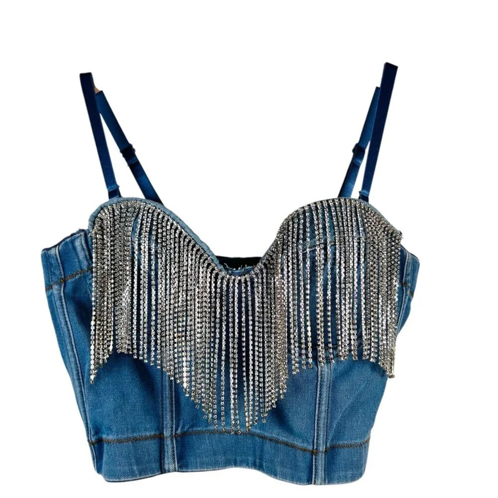 Blue Denim Crop Top with Silver Fringe
